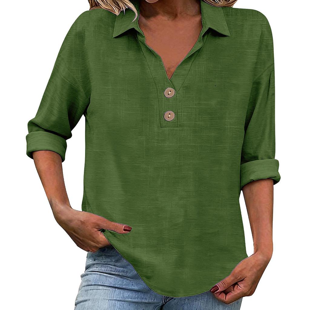 Women's Seven-Sleeve Cotton Linen Lapel Shirt - Solid Color, Casual, Breathable