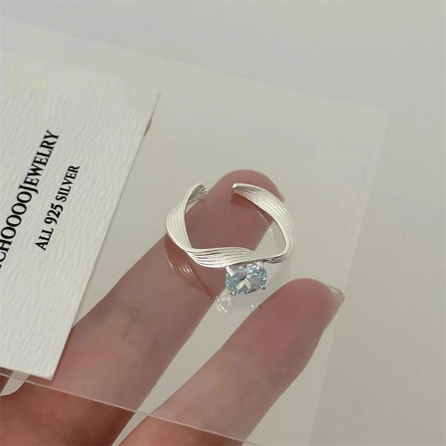 S925 sterling silver blue zircon geometric wave ring niche cold wind texture open index finger ring