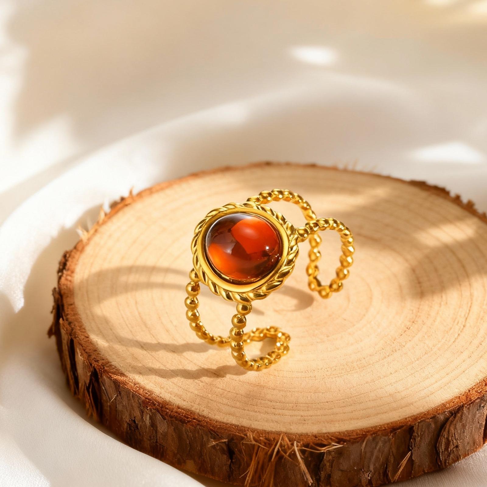 

Luxurious Imitation Natural Stone Ring for Women Stainless Steel Twist Texture Opening Rings Retro Finger Jewelry Gift
