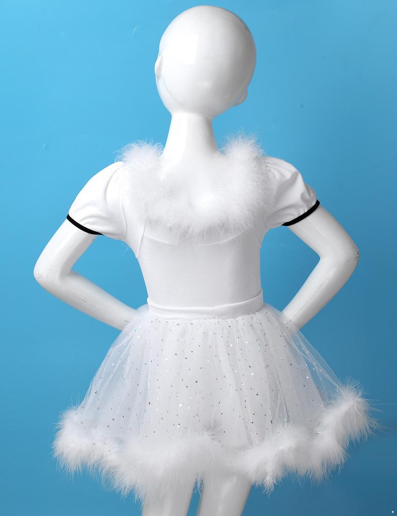 Girls Christmas Dance Dress Feather Trim Short Puff Sleeves Decorative Buttons Sequined Mesh Leotard Skating Costume