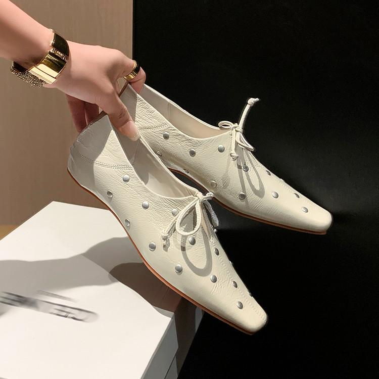 Niche Design French Rivet Lace Square Head Single Shoes 2025 Spring Height Increase Low Heel Inside and Outside Full Leather Ballet