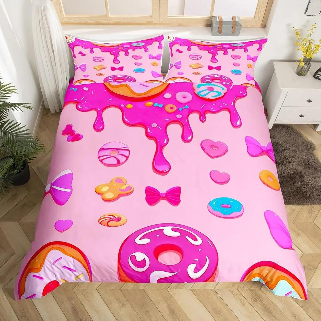 Kawaii Donut Duvet Cover Set Colorful Sweet Doughnut Bedding Set Delicious Dessert Pink Purple Comforter Cover Girls Room Decor