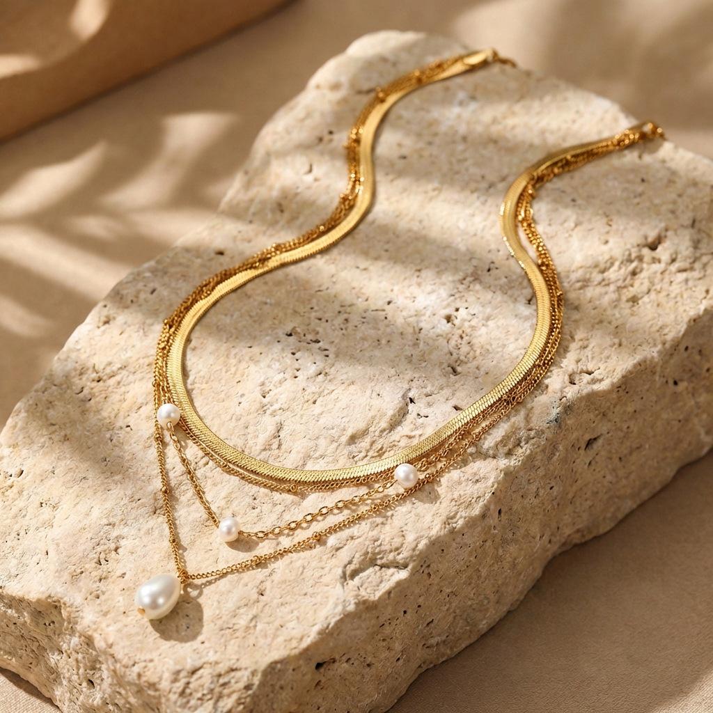 Shein Multilayer Snake Chain Pearl Pendant Necklace - French Style Accessories, Vacuum Electroplated, In Stock