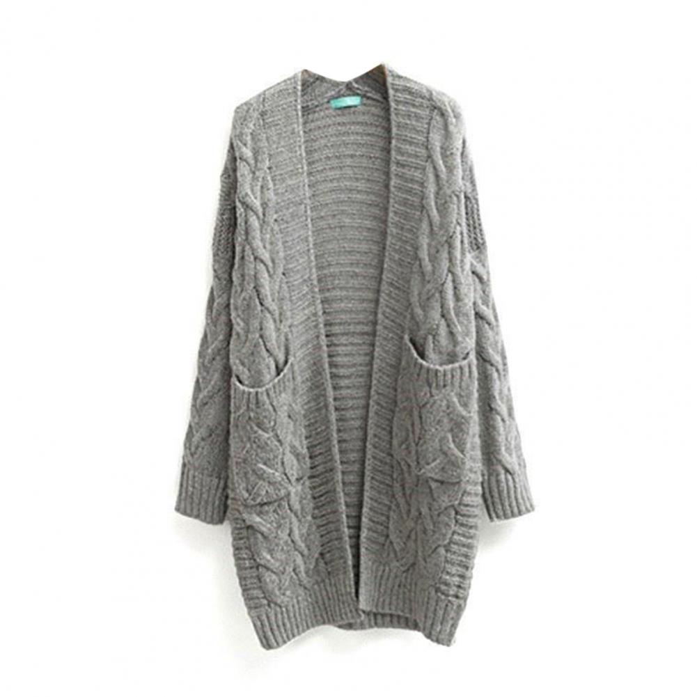 

Женский вязаный кардиган с длинным рукавом, ребристым краем, открытым спереди, свитер, пальто с карманами, скрученная текстура, свитер средней длины, свободный крой One Size серый
