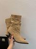 Suede Pointed Toe Stiletto Ankle Boots with Buckle - Women's Mid-Calf Ruched Skinny Heels