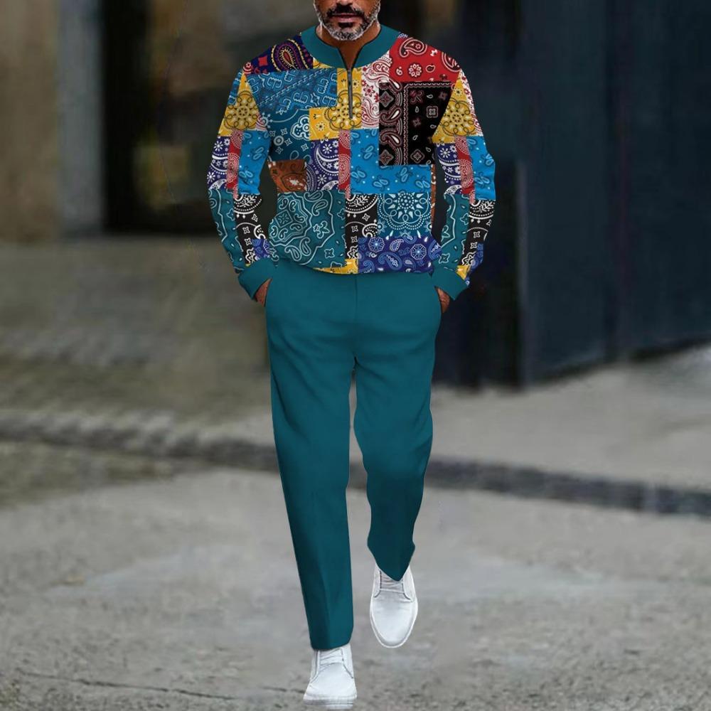 Spring Autumn 3D Printed Fashion Men's Long-Sleeved Sets Half-Zipper Stand-Up Collar Men's Casual Sportswear Two-Piece set