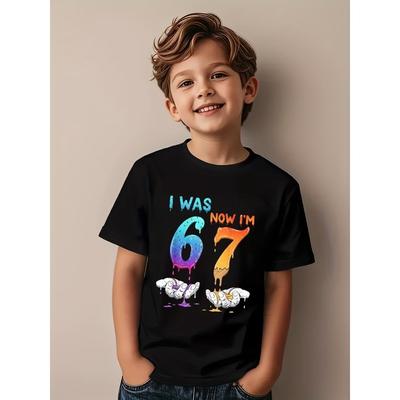 Europäische Größen 7 Jahre Jungen und Mädchen Geburtstag 67 Witz T-Shirt Lockere Passform Lässige Sommerkleidung Normale Ärmel Rundhalsausschnitt