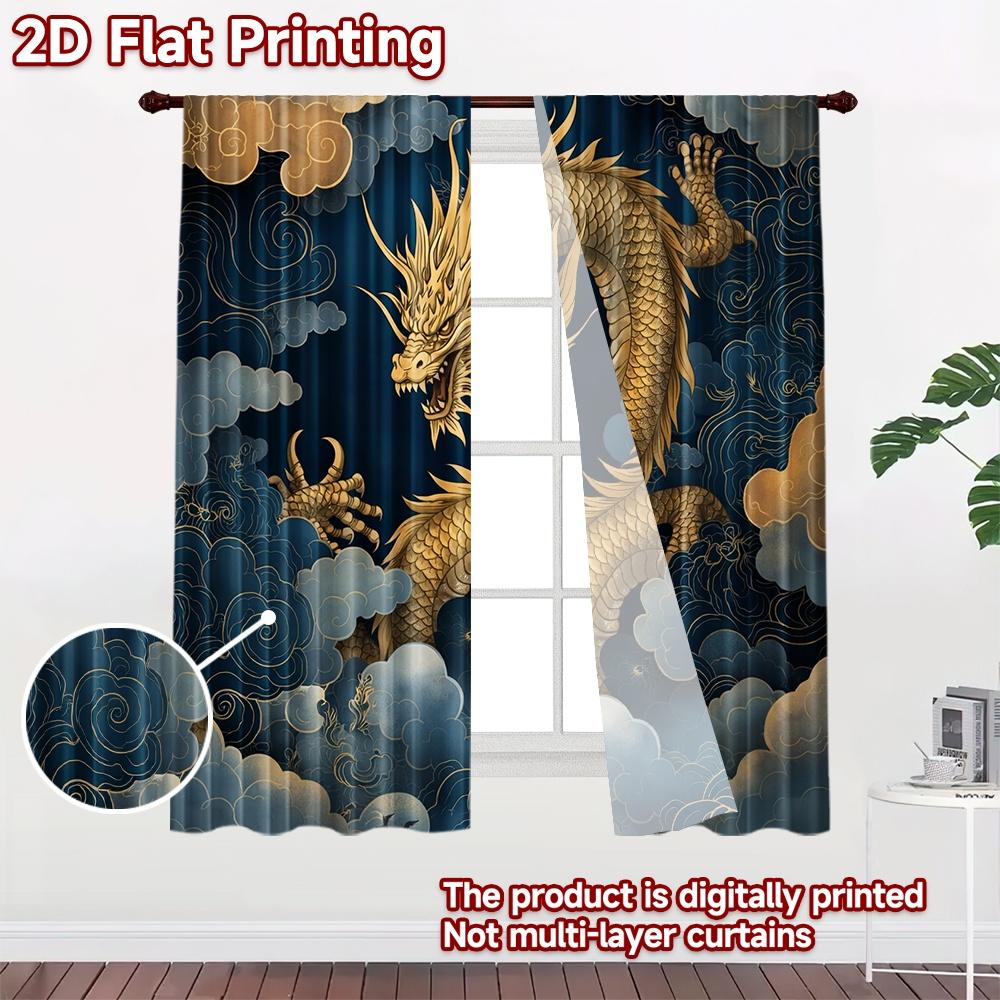2D Flat Printing 2pcs Curtain Scene Curtains Golden Dragon In Clouds Digital Printed Polyester Drapes Festive Wall Decor Perfect