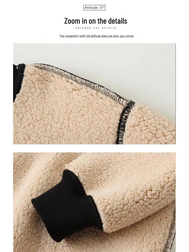 Men's Fleece-Lined Crew Neck Sweatshirt - Loose Fit, Solid Color, Warm Autumn/Winter Wear.