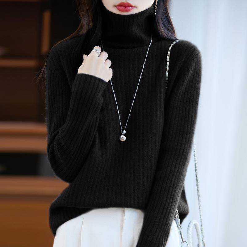 Women's Pure Wool High Neck Ribbed Sweater - Autumn/Winter Versatile Knitwear