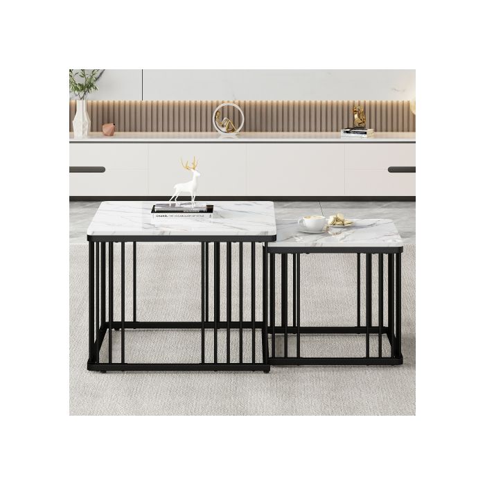 Table basse - MUVOE - Lot de 2 - Aspect marbre brillant - Réglable en hauteur - Design moderne