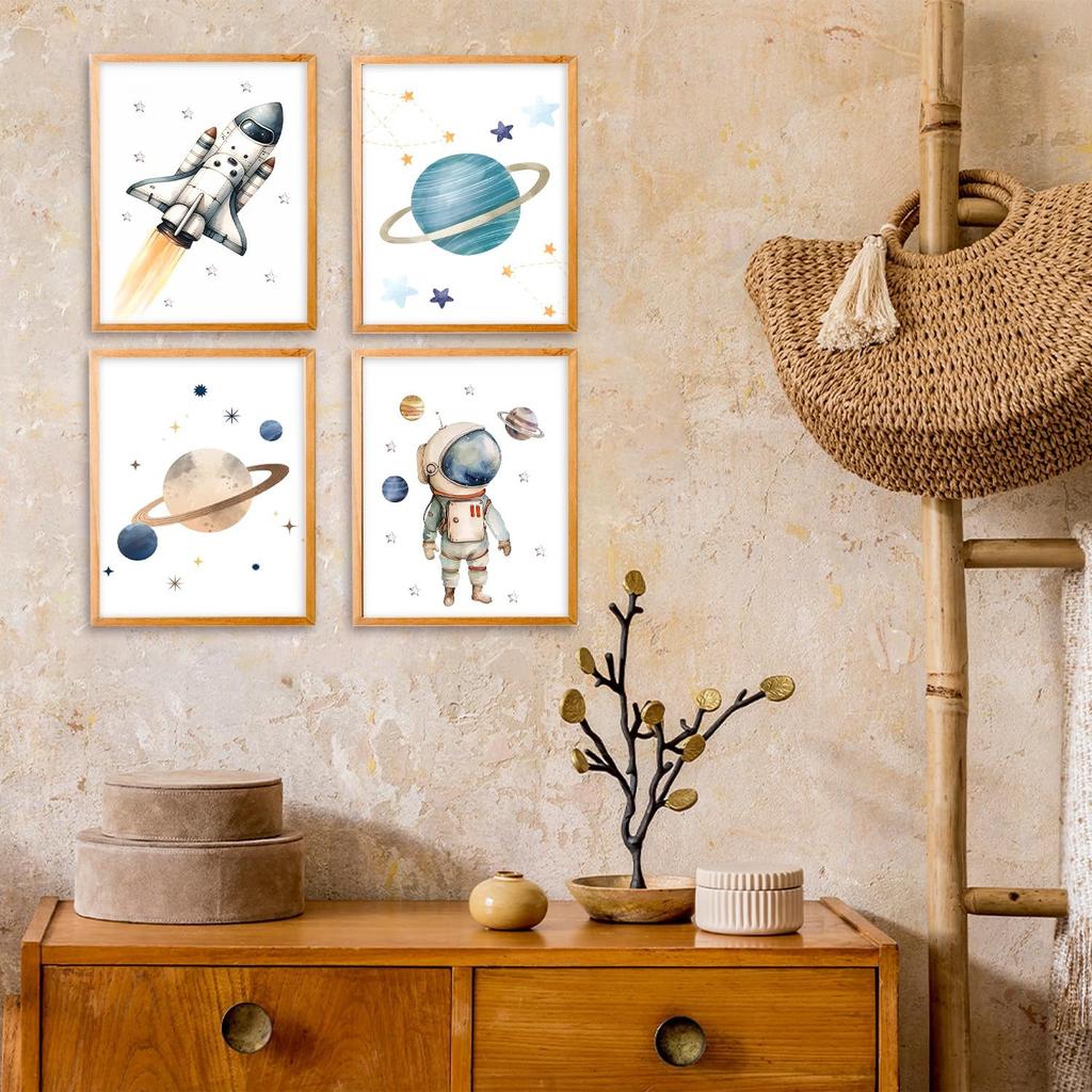 VIIJJUE Space Nursery Decor, Outer Space Rocket Astronaut Planets Wall Art Prints Set of 4, Decor for Boys Room, Solar System Wall Art for Nursery