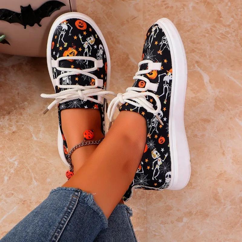Loafers Women's Halloween Pumpkin Skull Graphic Print Lace-up Slip-On Flat Canvas plus size women shoes  zapatos de mujer