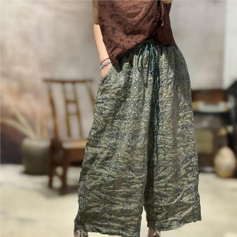 Johnature Women Vintage Striped Pants Print Floral Elastic Waist Loose Trousers Autumn Belt Casual Long Pants