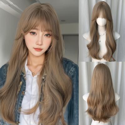 24 Inch Brown Curly Wigs Air Bangs Fiber Synthetic Heat-resistant Wave Hair Sweet And Natural Party or Selfie Korean Fashion