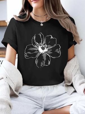 Minimalist Flower Print Tee Artistic Short Sleeve Top Women Casual Crew Neck Top Summer Comfort Wear Clothing