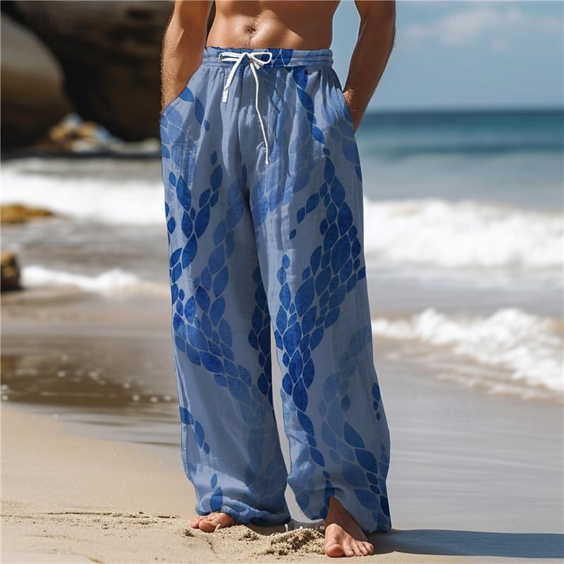 

Мужские свободные повседневные однотонные брюки с эластичным галстуком, прямые брюки с синими листьями и принтом