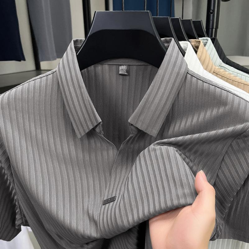 

Business Striped Medium Green Scissors V-Neck Polo Shirt Men S Korean Slim Ice Silk Short Sleeve T-Shirt 4XL