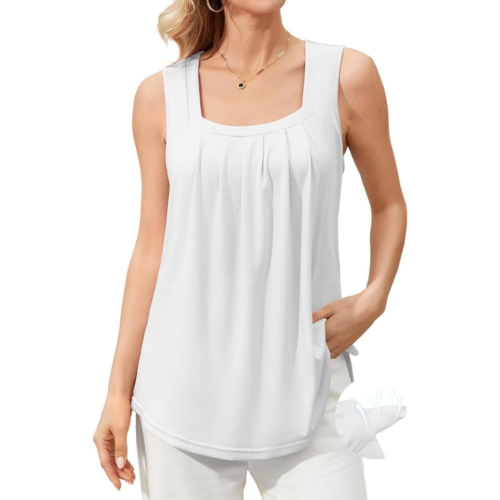 CHARMLEAKS Tank Top Built In Bras for Women Summer Pleated Square Neck Tops Flowy Sleeveless Shirts