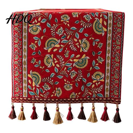 Dining Room Table Runner Jacquard Runner Vintage Floral Elegant Decorative with Tassels