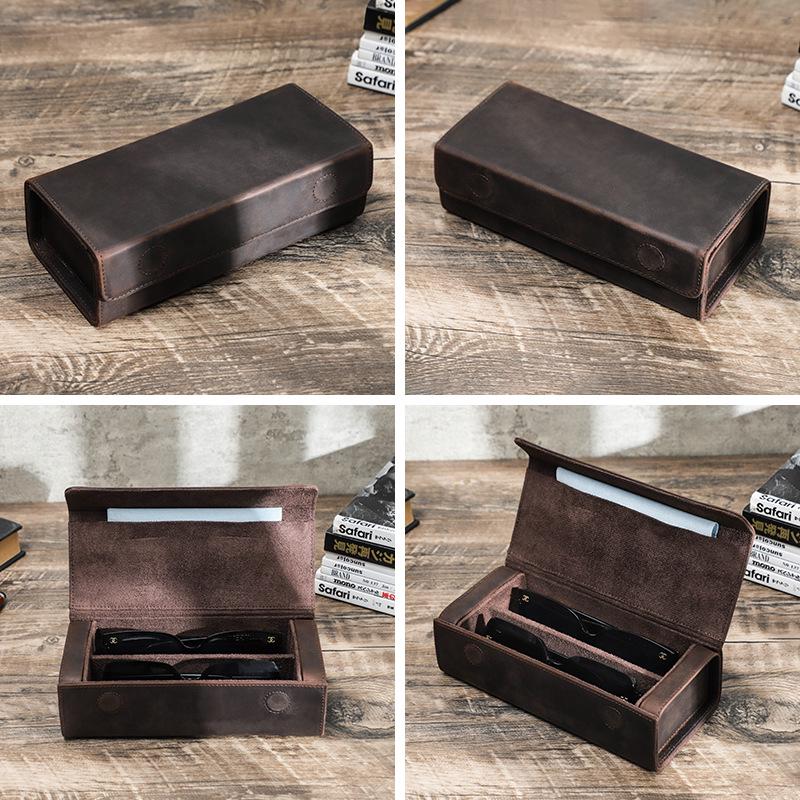 Estuche de Cuero Vintage Crazy Horse para Gafas - Hecho a Mano, Cierre Magnético a Presión, Almacenamiento para Viaje, Juego de 2
