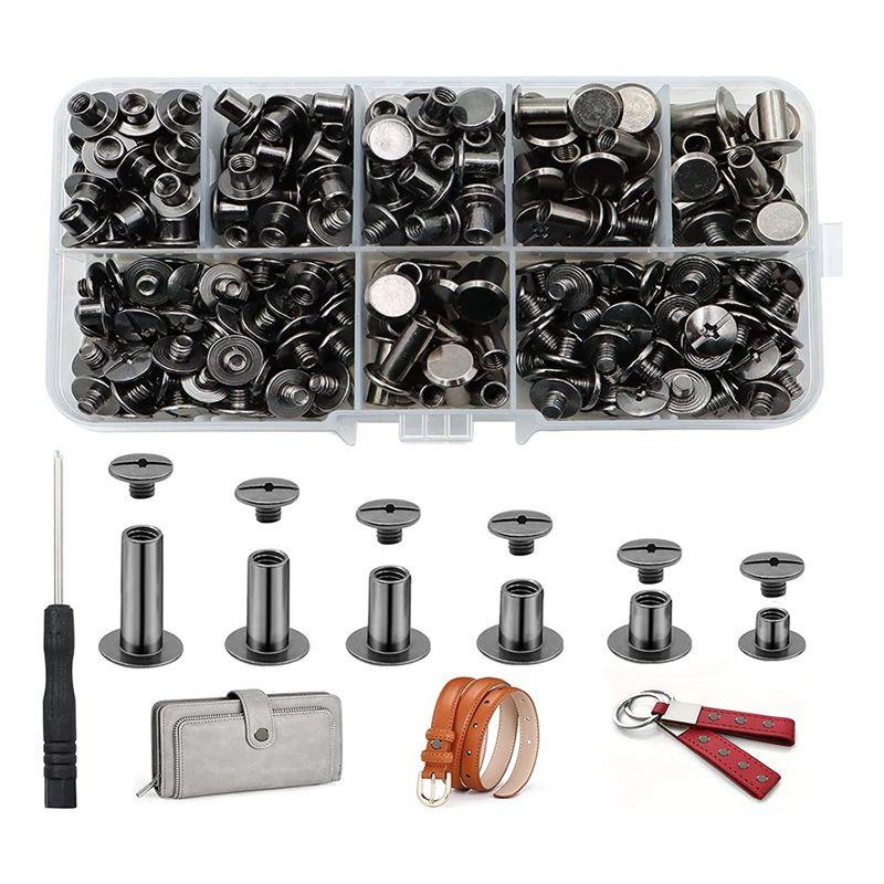 Feb.150Sets Chicago Screws Assorted Kit 6 Sizes Round Flat Head Leather Rivets For Decorate Black