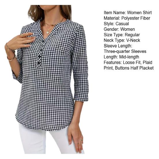 Women Shirt V-Neck Buttons Half Sleeve Casual Tops Placket 46085 Loose Fit Plaid Print Commuting Style
