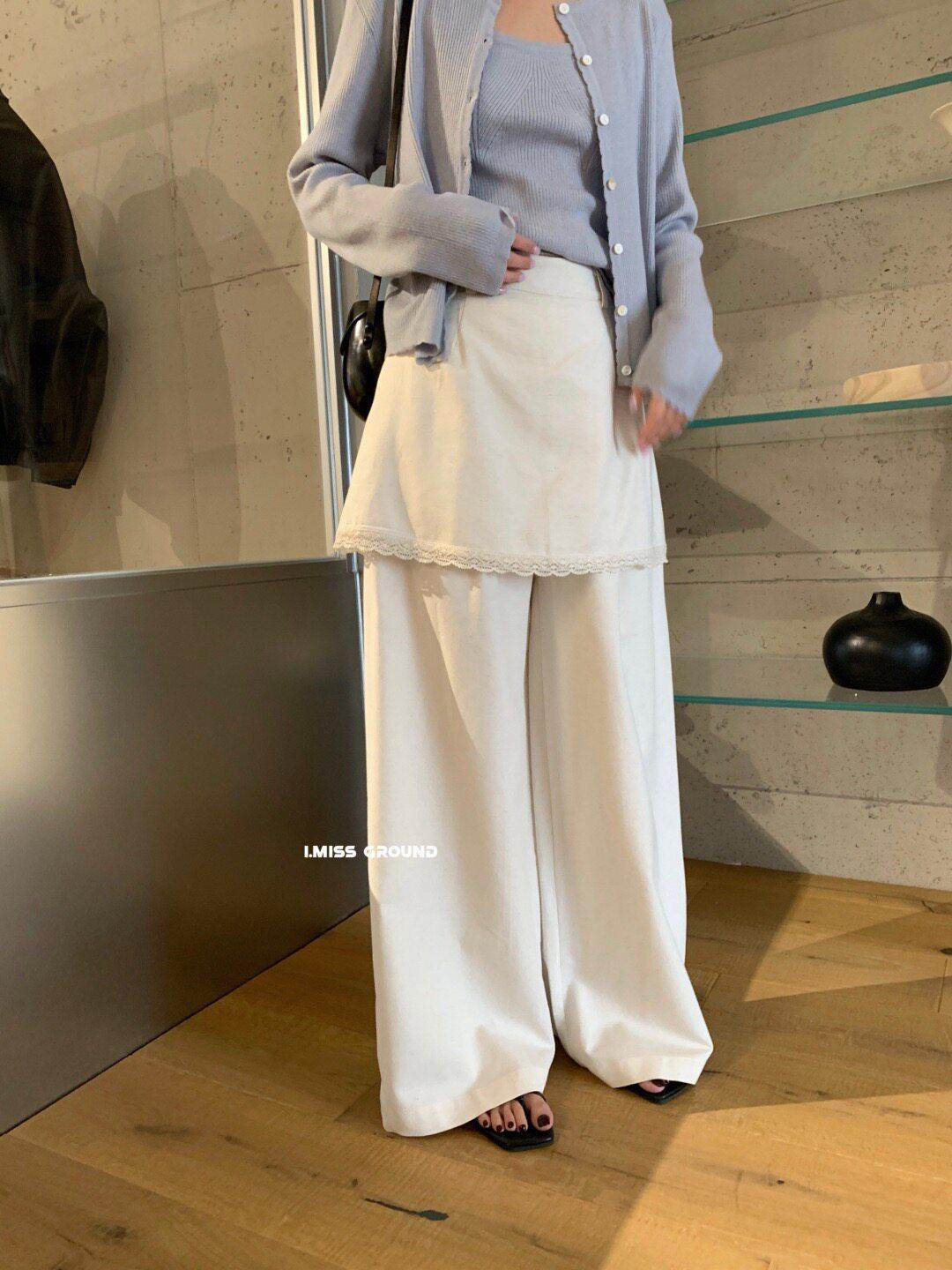 Korean Style Lace Trim Casual Wide-Leg Pants - Women s Spring 2026 Collection Small