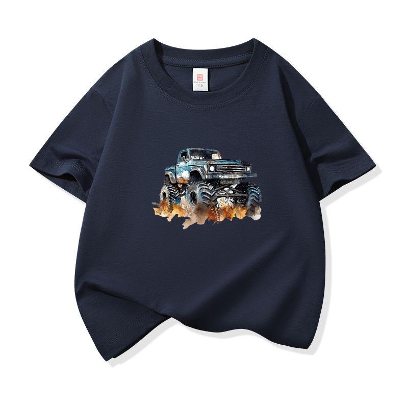 Kids Cotton T Shirt Trendy Watercolor Offroad Car Print Crew Neck Short Sleeve Tee Casual Boys Girls Summer Tops