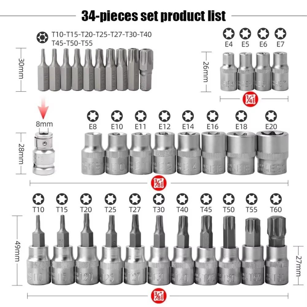 34Pcs/ Set Male Female Bits Drive Torx Star Bit socket Torx Bit Socket  Automotive Repair