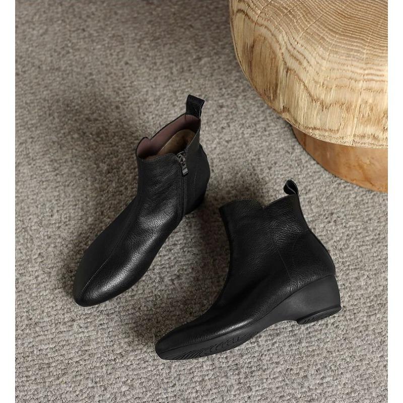 Soft Leather Short Boots Women's New Autumn and Winter Cotton Boots Slope Heel Middle Heel Ankle Boots Bare Boots Velvet Warm