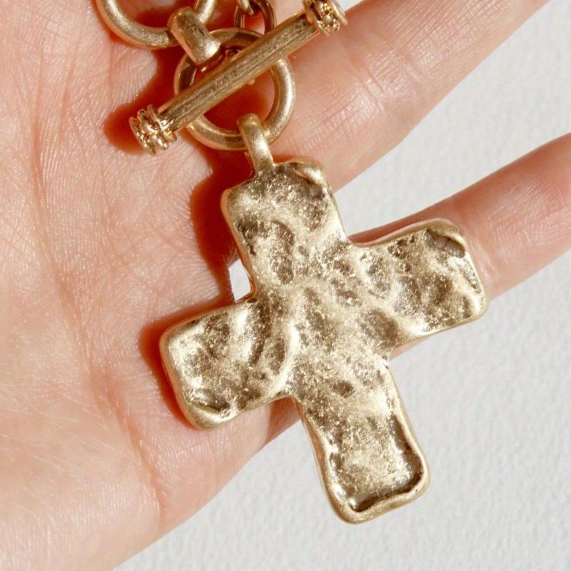 Hammered Bold Cross Necklace Thick Chain Set for Women Men Chunky Golden Silvery Statement Pendant Necklace Vintage Chain Pendant Jewelry