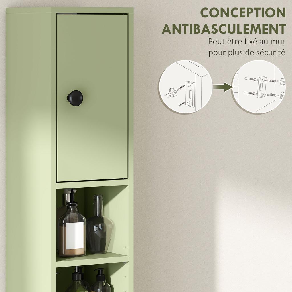 Tall Bathroom Storage Cabinet, 1 Drawer, 4 Shelves, 2 Cupboards, 20 x 20 x 180 cm, Green