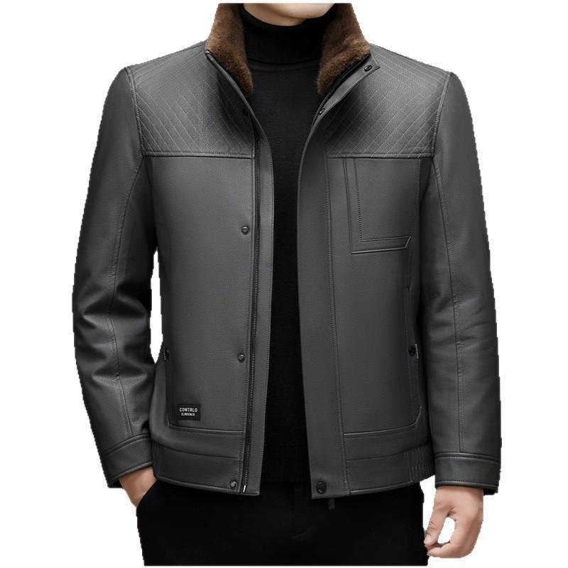 Winter men's leather jacket business casual detachable fur collar removable mink hair plus sleeve liner wear two leather jackets