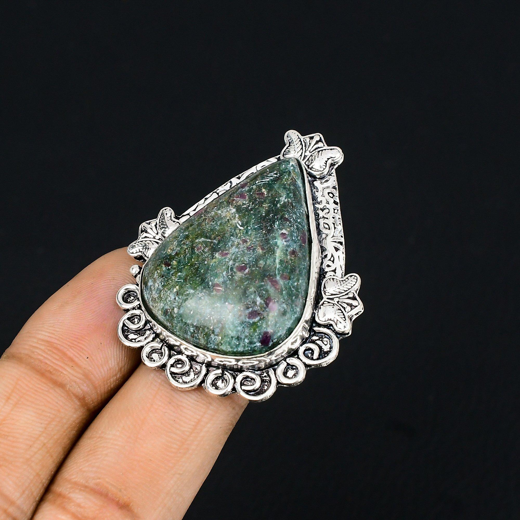 Pear Ruby Fuchsite Gemstone Stackable Unique Boho Ring 925 Sterling Silver US 7 7