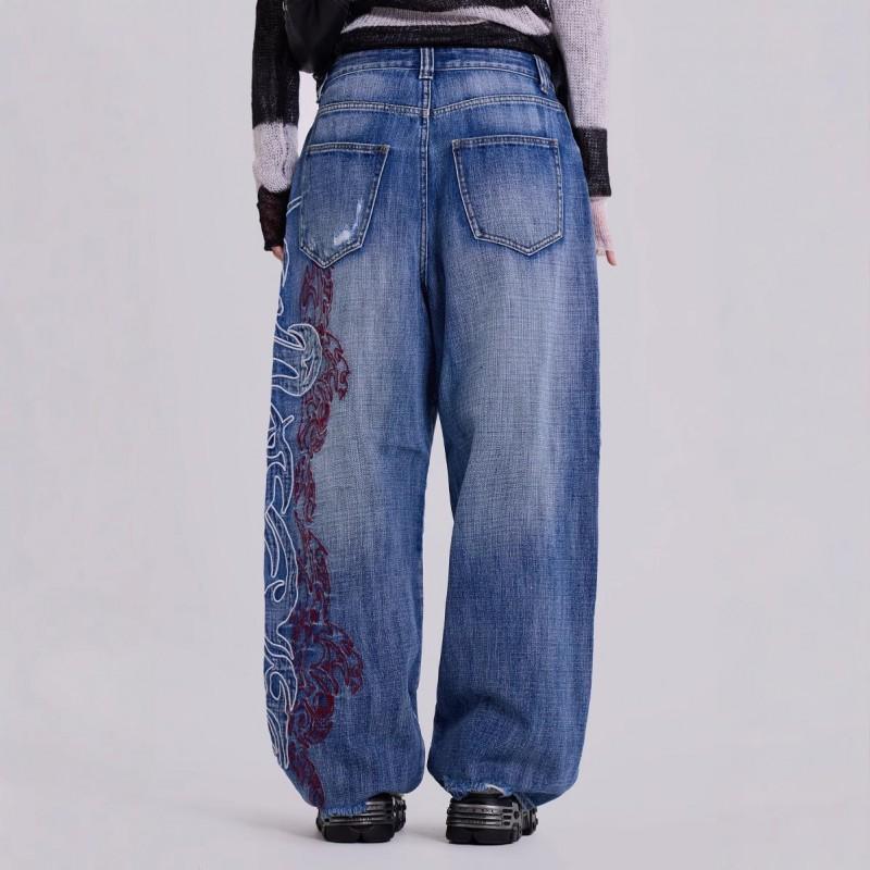 Y2K Embroidered Denim Jeans Women - Wide Leg Straight Cut Mid-Rise Light Wash Slightly Stretchy Streetwear Chic