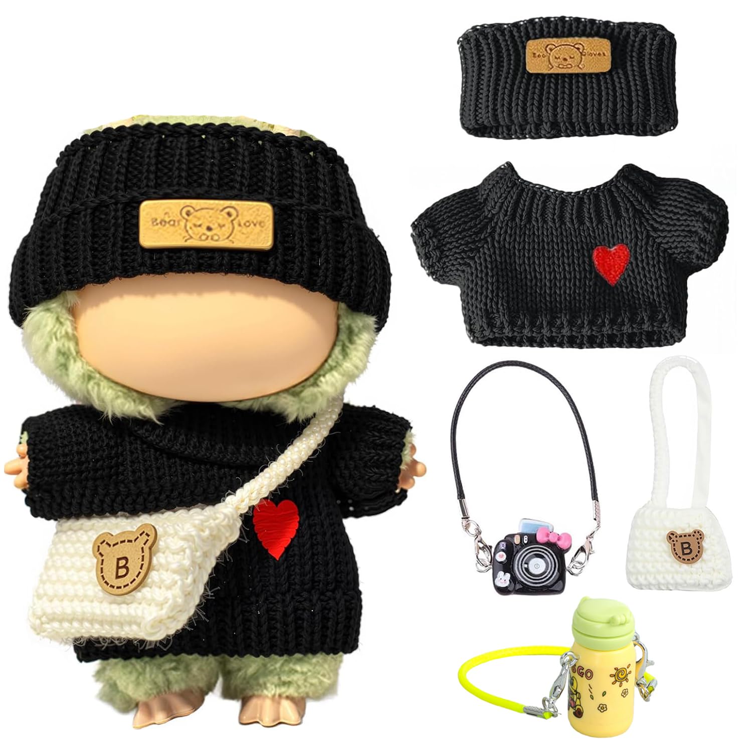 

FTADI Doll LABUU Doll Replacement Clothes Not Handmade Crochet Doll Accessories Premium Clothes Sweater Hat Bag Cute Outfit for Unique Style Clothes, чёрный