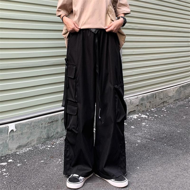 Men's Overalls Elastic Waist Trousers Men's Straight Loose Versatile Multi-Pocket Wide-Leg Black Casual Pants