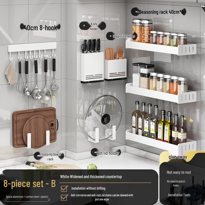 White No-Drill Wall-Mounted Kitchen Spice Rack