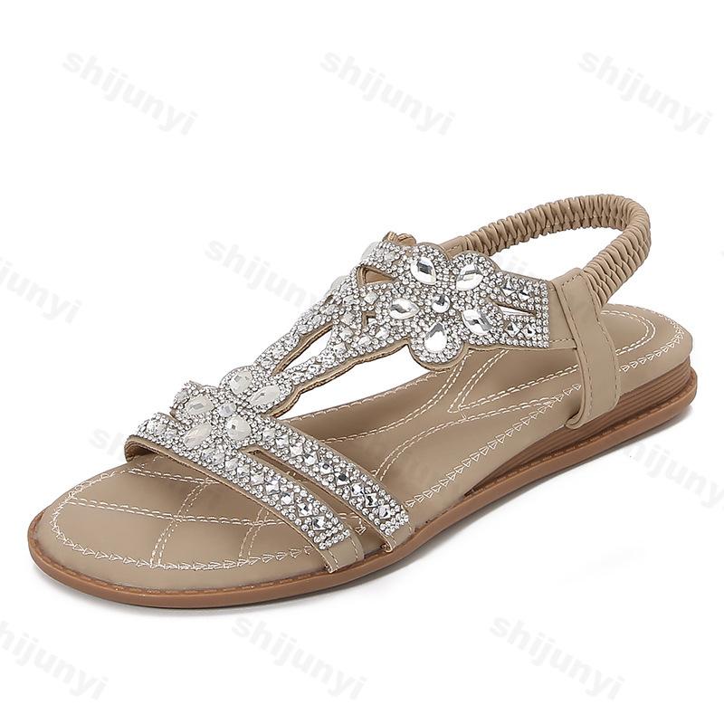 Fashion 2025 New Summer Women's Rhinestone Design Flat Sandals Bohemian Style Comfortable Lightweight hollow Breathable Elegant Shoes