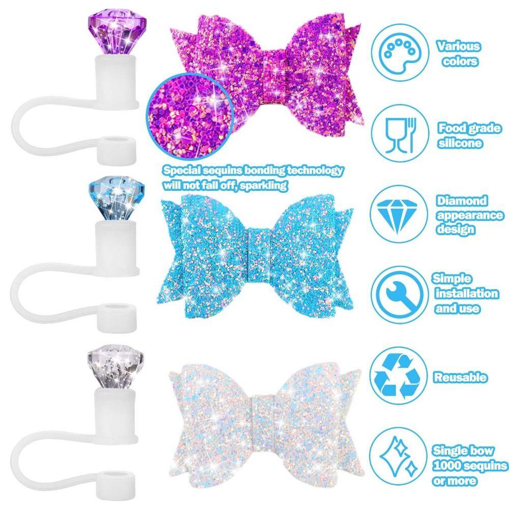 6pcs Sparkling Diamond Bow Straw Topper Reusable Straw Cover Cap for Stanley Cup Straw Decor