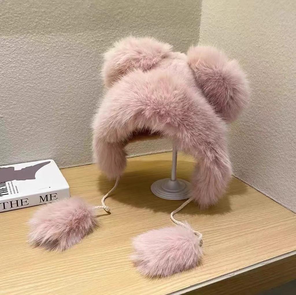 New Plush Cute Little Bear Ear Hat Fox Fur Hat Thickened Ear Protection Snow Hat Women's Plush Little Bear Hat Fashion Versatile