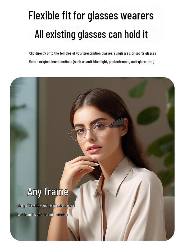 Clip-On Bluetooth Glasses Headset: Long Battery Life, Touch Controls, Flexible Fit