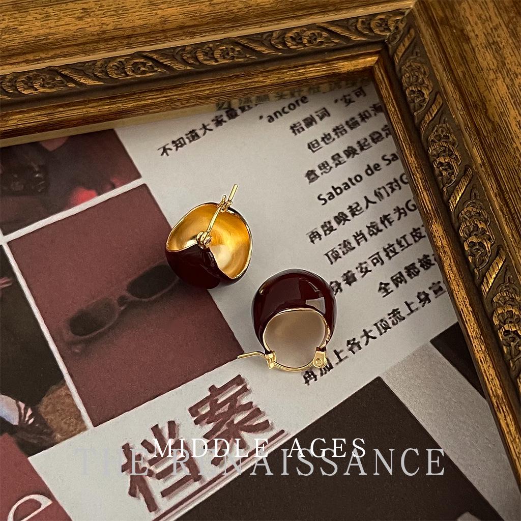 Boucles d'oreilles pendantes vintage en émail rouge bordeaux - Clous de style rétro français
