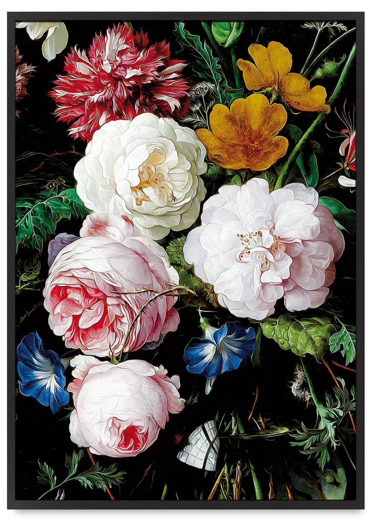 Poster Blumen schwarzer Hintergrund im schwarzen Rahmen