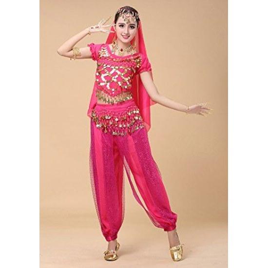 Cosplay Halloween Aladdin costume pants type belly dance 4-piece set Jasmine Aladdin-style disguise (pink)