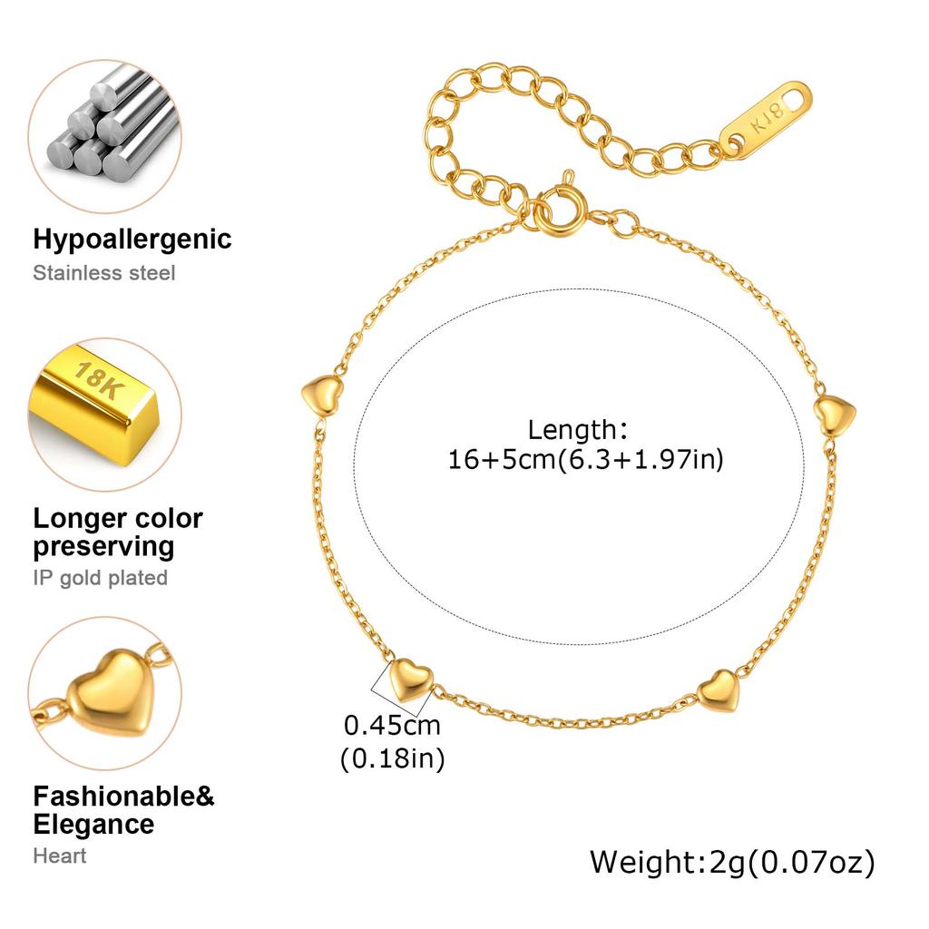 Small Dainty Mini Heart Chain Bracelets for Women 18K Gold Plated Stainless Steel Chain Bracelet Simple Jewelry Gift