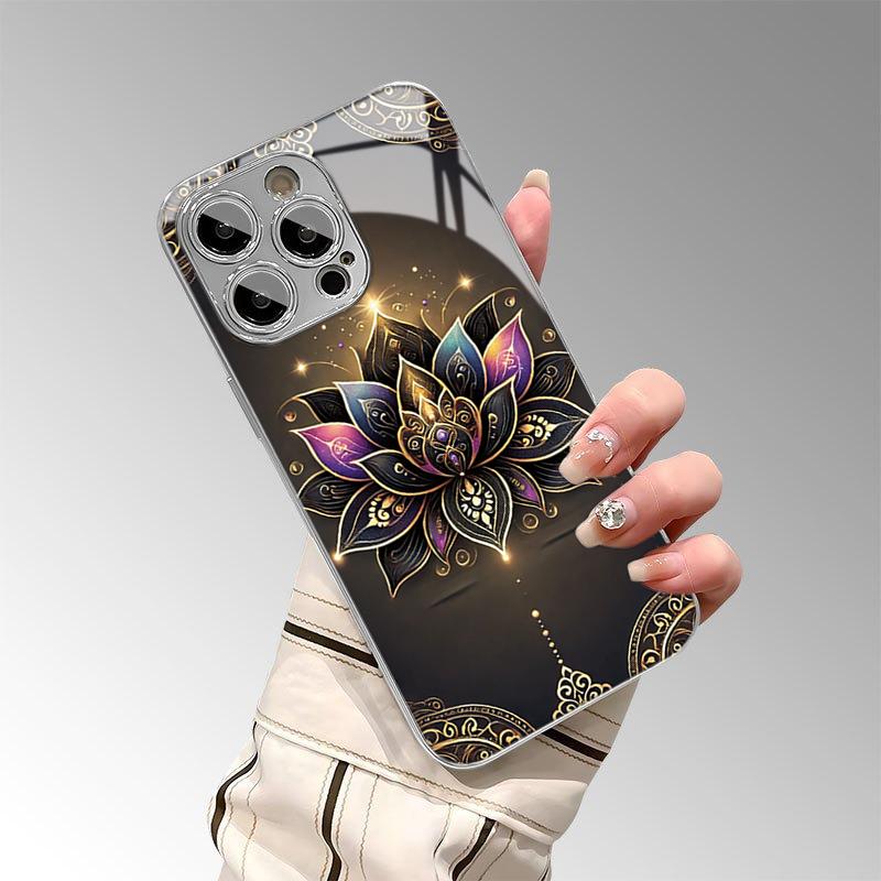 Golden Lotus Flower Tempered Glass Electroplate Phone Case For iPhone 17 18 Pro Max 13 12 11 Pro 14 15 16 Plus 16E 17Air Cover