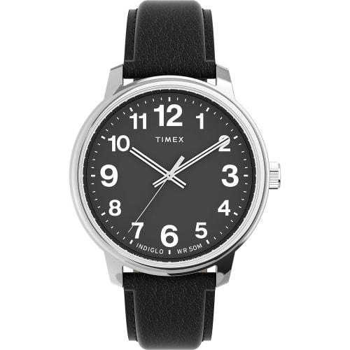 

Timex Easy Reader Date Full-Size Leather Strap Watch, Black/Silver Tone/Black, 43mm, Timex Men s Easy Reader Watch
