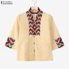 ZANZEA Women Ethnic Print Casual V-Neck 3/4 Sleeve Loose Blouse